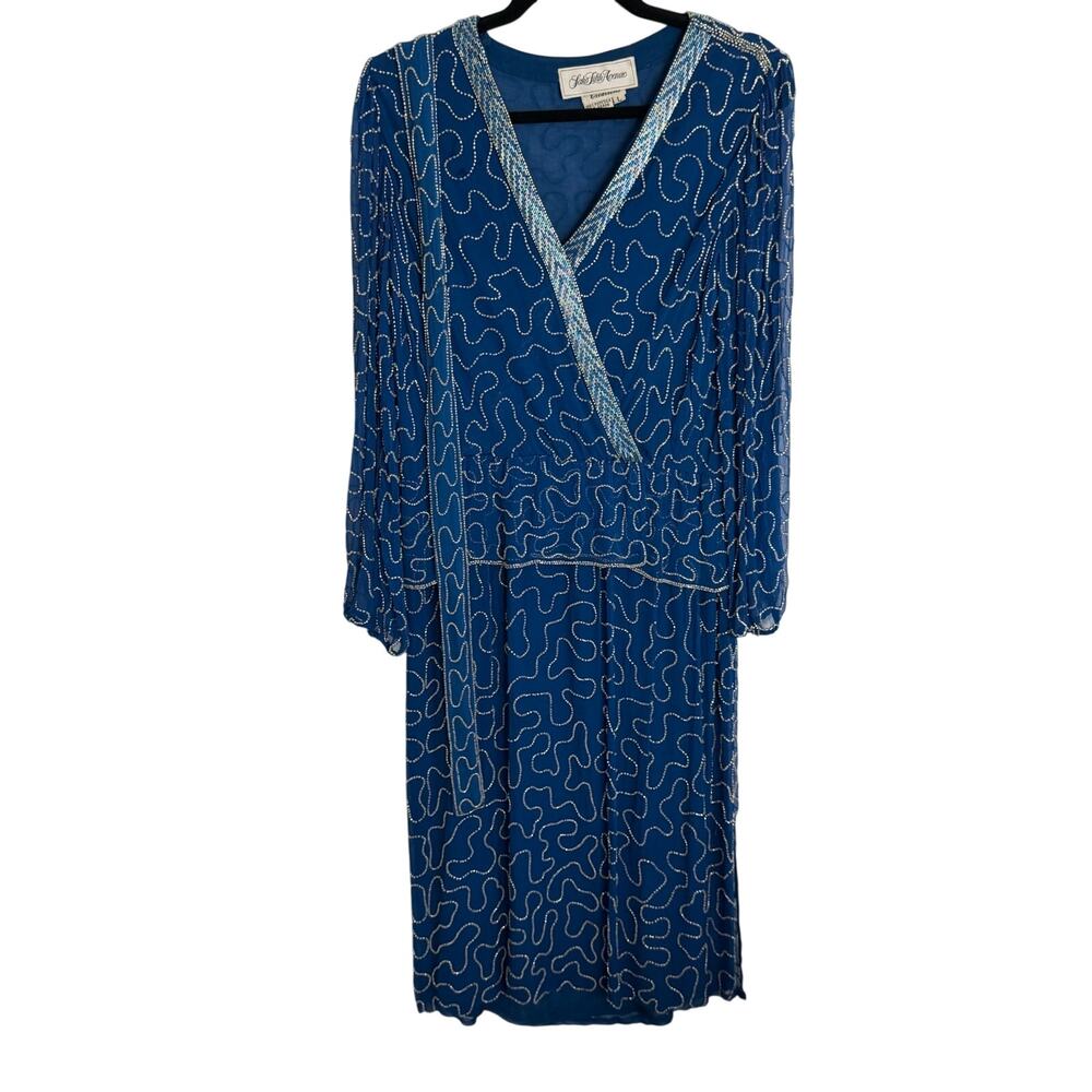 Judith Ann Creations Vintage Blue silk belted beaded Midi Dress size L